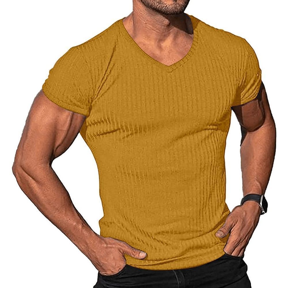 Men's Athletic Cut Short Sleeve V-Neck T-Shirt Mustard Yellow Tan Size XL